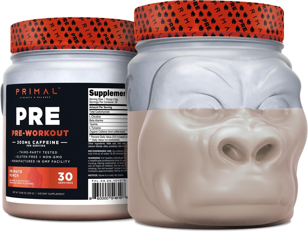 Primal Pre-Workout Primate Punch (30 Servings) (Tropical Flavored) - Gluten Free & Non-GMO