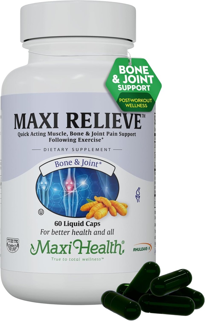 Maxi Health Relieve תוספת תמיכה משותפת עם Turmeric ו Boswellia Serrata, Quick-Acting תמיכה לאחר פעילות גופנית, וצמחוני non-GMOעצמות בריאות משותפת לגברים ונשים, 60 קפסולות