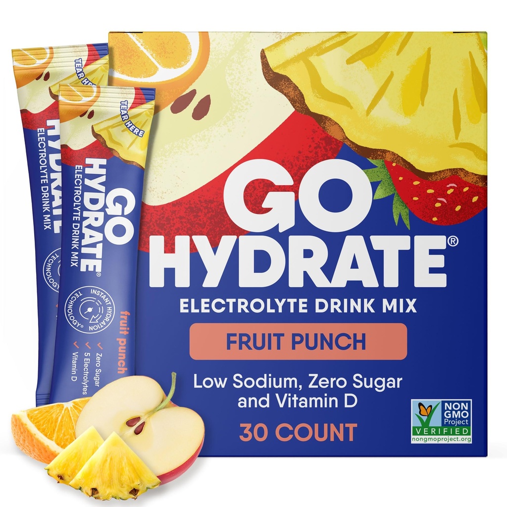 GoHydrate hydrotion אבקת Packets - Low Sodium Electrolytes לשתות Mix - תמיכה טבעית של הידרה, סוכר חינם אלקטרוליטה פלבדור עם ויטמין D, 30 Packs, פירות Punch
