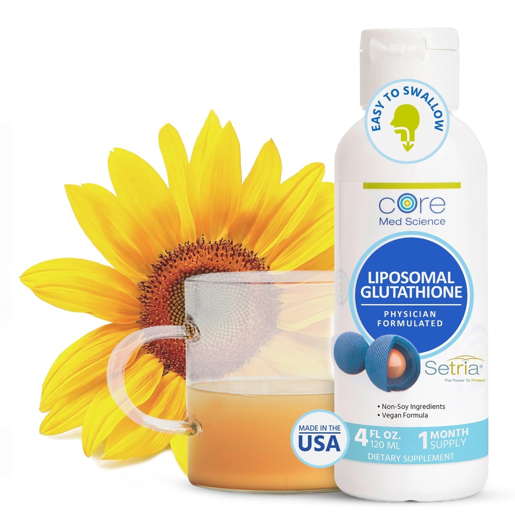 Core Med Science Liposomal Glutathione נוזל תוסף (500 מ"ג, 4 Fl Oz) - Pure מופחת Setria עם תרכובת Phospholipid - תוספת אנטי-חמצן לאנרגיה, בריאות המוח, העור ו- Liver Health