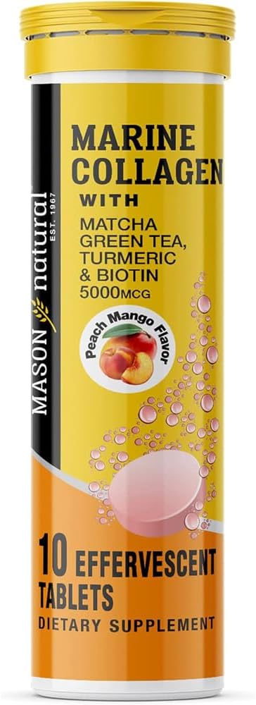 MASON NATURAL Marine Collagen עם Matcha Green Tea, Turmeric ו Biotin - שיער בריא, עור וציפורים ופרקים, Powerful Antioxidant, 10 טבליות Efferscent