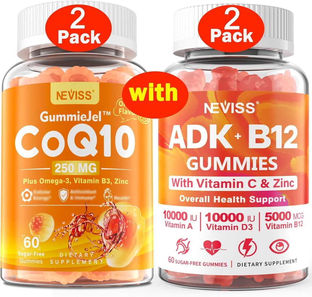 NEVISS 2Pack CoQ10-250 מ"ג מלא חניכיים + 2Pack ויטמין ADK עם B12 Gummies