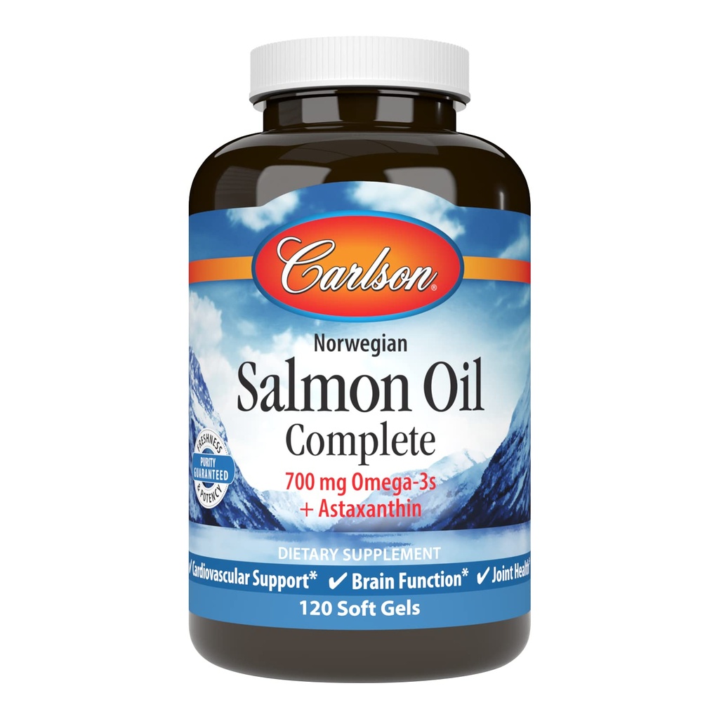קרלסון - Salmon Oil Complete, 700 מ"ג אומגה 3s + Astaxanthin, Cardiovascular Support, Brain Function & Joint Health, 120 ג'לים רכים