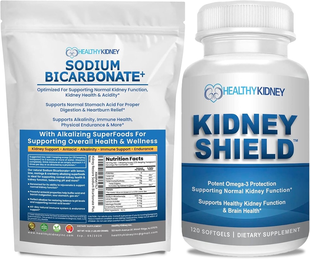 אורגני Sodium Bicarbonate Alkaline תוסף Bundle: 1LB אבקת Alkalinity, Acid Neutralizer & Kidney תמיכה + 120 Caps Kidney Shield for Kidney Health, ניקוי ו אומגה 3