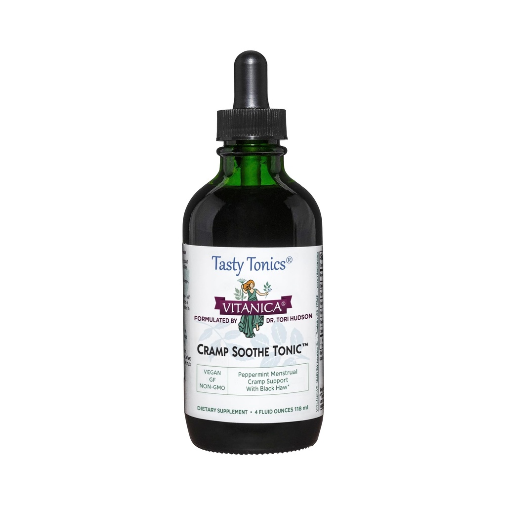 Vitanica Cramp Soothe Tonic, Dr Formulated Menstrual Cramp תמיכה, עם Black Haw Bark, ולריאן Root, ג'ינג'ר Root, Garrya Herb, אלכוהול חינם, טבעוני, 4 Ouncece