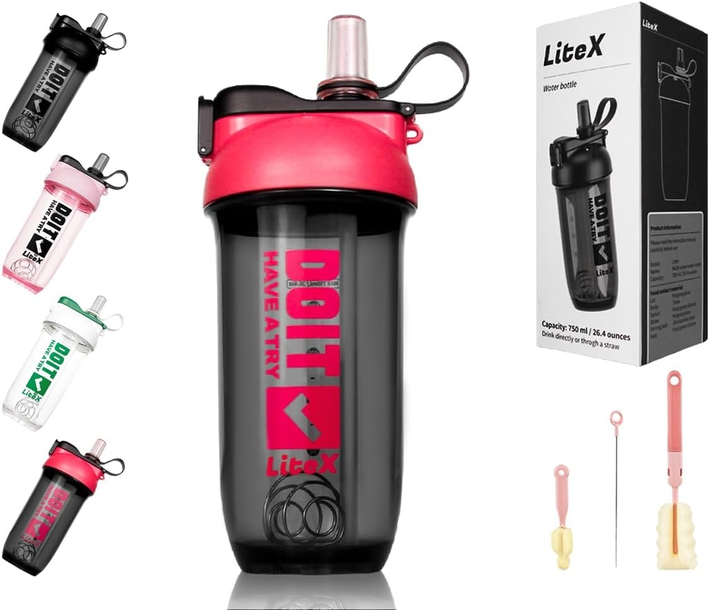 Litex Shaker Bottles forחלבון Shakes, 26oz בלנדר שרקר בקבוק עבור Pre-Workout,Shaker Cups with Straw, BPA-free Tritan Mixer בקבוקים עבור אבקת חלבון, עם מברשת Brush והוראות (Rose Red)