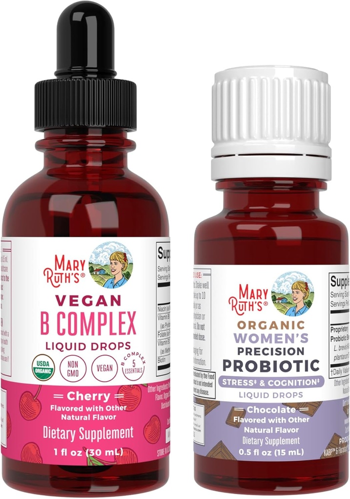 MaryRuth Organics Stress & Cognition Probiotic (Chocolate) for Women & B Complex Drops | USDA אורגני, פרויקט תווית נקייה מאומת ® | ויטמינים להרגעה, מטבוליזם ובריאות | טבעוני, Glutenten