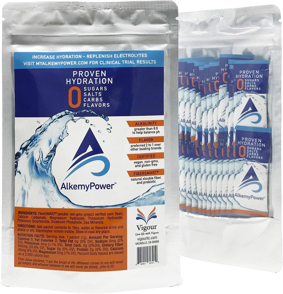אבקת AlkemyPowerTM hydrotion Electrolyte, No Sugars, Salts, carbs, Flavors או Calories, 100% טבעי, Convenient Stick Pack, 30 Count