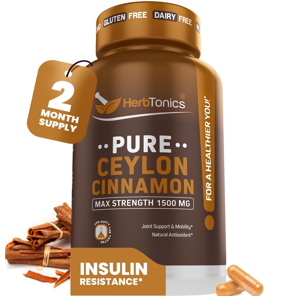 Herbtonics Pure Ceylon Cinnamon כמוסות | מערכת החיסון, ניהול משקל בריא | Non-GMO, Gluten Free | 1500 Mg - 120 קפסולות
