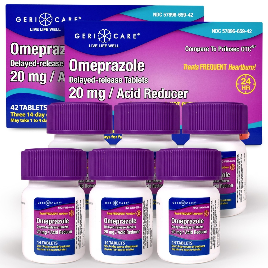 GariCare Omeprazole נדחה טבליות 20 מ"ג Stomach Acid גלולות עבור 24 Hour Heartburn- Acid Reflux Medicine כדי לטפל Frequent Heartburn- Anti-Acid Relief Tablets 42 Count (2 Pack)