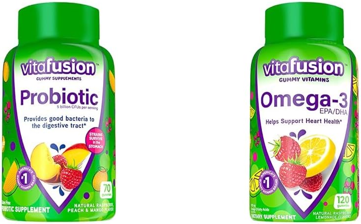Vitafusion Probiotic Gummy Supplements, Raspberry, Peach ו-Moga Flavors & אומגה 3 חניכיים ויטמינים, ברי לימונדה פלאמור, ויטמין בריאות הלב (1) עם אומגה
