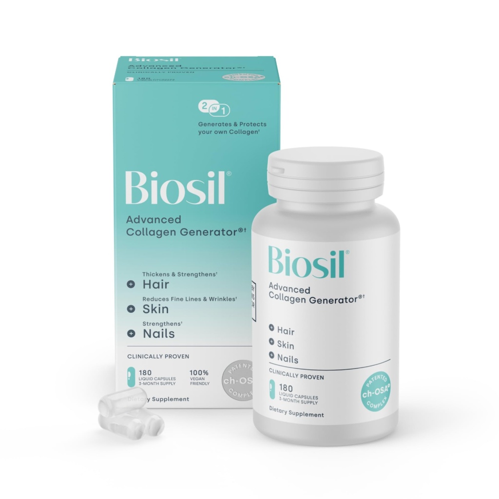 תוסף Biosil Collagen Booster - 180 קפסולות נוזליות - פטנט ch-OSA Activator עבור Skin, Hair, Nails & Joints - תומך בייצור טבעי - 90 יום אספקה