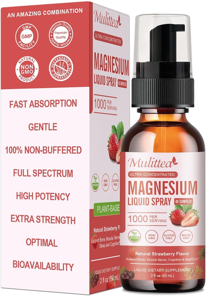 Magnesium Glycinate Liquid Spray with Citrate, Oxide & Malate, Magnesium with Whole Vitamin, L-Theanine, D3K2, B6 for Heart, Leg Cramps,Muscles&Energy- Sugar-Free Strawberry Flavor, 2 Fl Oz
