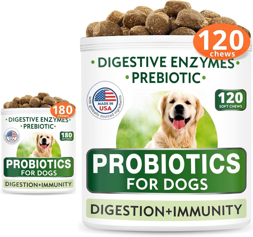 כלב Probiotics Chews Bundle - Gas, Diarrhea, Allergy, Constipation, Upset Stomach הקלה, withive Enzymes + Prebiotics - תוספת סיבים צ'וגבל - שיפור, Immunity - 300 Soft Chews