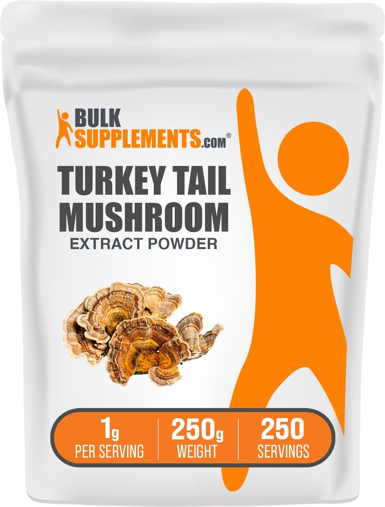 BulkSupplements.com Turkey Tail Mushroom Extract Powder - Coriolus Versicolor Extract, Mushroom Supplement - Vegan & Gluten Free, 1g per Serving, 250g (8.8 oz) (Pack of 1)