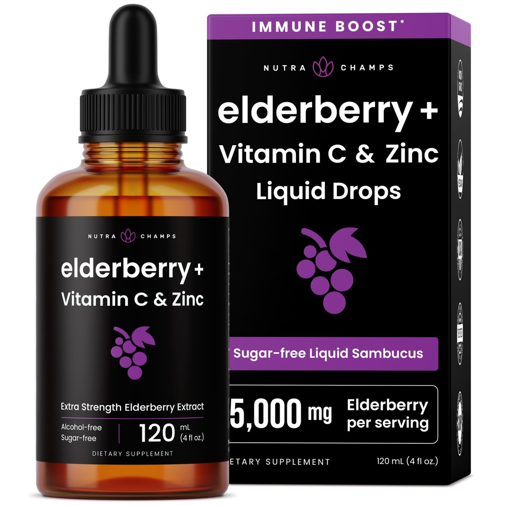 NutraChamps Organic Elderberry Syrup - 5000mg Elderberry לחלץ עם ויטמין C & Zinc - Black Elderberry נוזל טיפות - סוכר חינם Immunity Booster, טבעוני, Gluten-Free