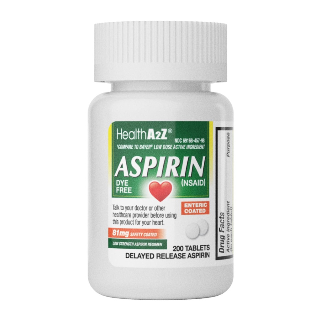 בריאותA2Z® Aspirin 81 מ"ג | DYE Free | Low Power | 200 Counts | Pain Relief | צמצום כאבי שרירים ו- Cramps