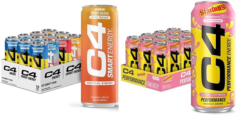 C4 Energy & Smart Energy Drinks Variety Pack, Sugar Free Pre Workout Performance Drink & C4 Energy Drink, STARBURST Strawberry, Carbonated Sugar Free Preout Performance Drink