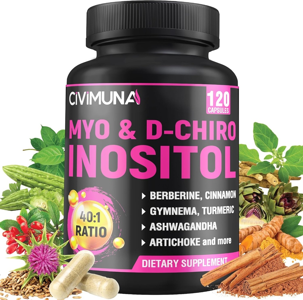 תוסף Inositol - Myo-Inositol ו D-Chiro Inositol Plus Ashwagandha, Berberine, Cinnamon ו- 5 Mores - 120 קפסולות