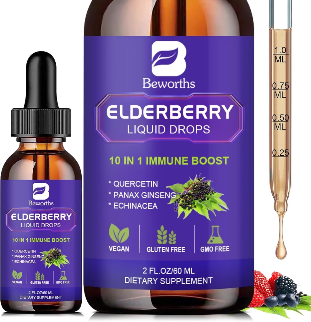 Elderberry Syrup Black Elderberry טיפות עם Quercetin, Panax גינזנג, ויטמין C ו Zinc, Sambucus Elderberry Srup נוזל, טבעוני, non-GMO & Gluten חינם חינם חינם