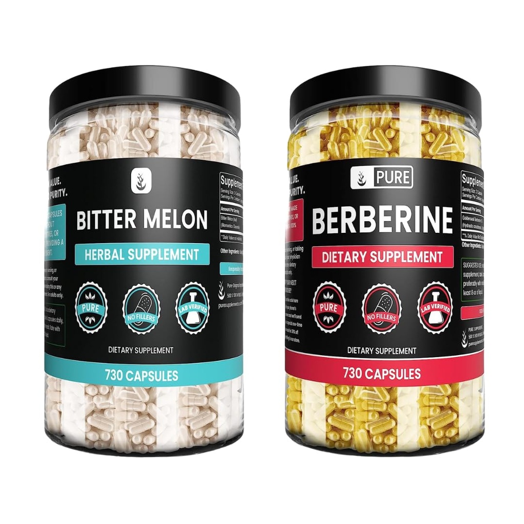 מרכיבים מקוריים טהורים של Goldenseal Berberine & Bitter Melon כמוסות Bundle, (730 קפסולות) No Magnesium או רייס Fillers