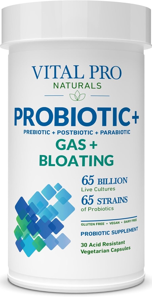 Vital Pro Naturals - Gas & Bloating Probiotics + Prebiotics, Postbiotics, Parabiotics, 4in-1 בריאות תוספת עבור מבוגרים, בטיחות גבוהה, 65 סטרינס, פעם יומית Digestive ותמיכה Immune, 30 ct.