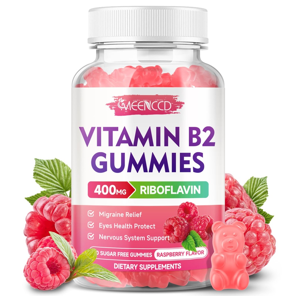 ויטמין B2 Gummies Riboflavin 400 מ"ג תוספת עם מגנזיום לילדים ומבוגרים, B2 חניכיים עבור Migraine הקלה מערכת תמיכה, טבעוני, סוכר חינם, Raspberry Flavor, 60 הרוזן
