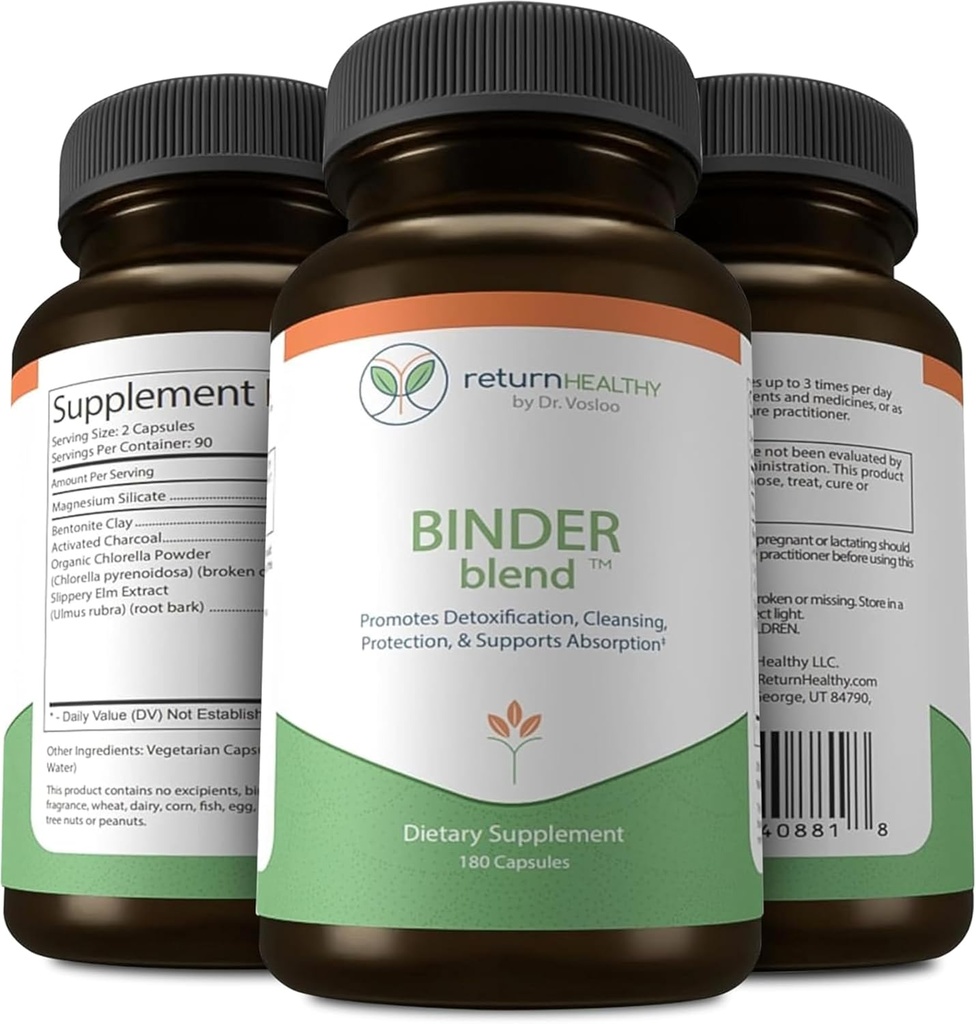 Binder בלגן - Toxin Binder תוסף, Detox קפסולות עבור Gut בריא - 180 קפסולות - 90 משרתים - 960mg מופעל Charcoal & 480 מ"ג אורגני Chlorella - Bloating Relief - Bentonite קליי, 3 Pack