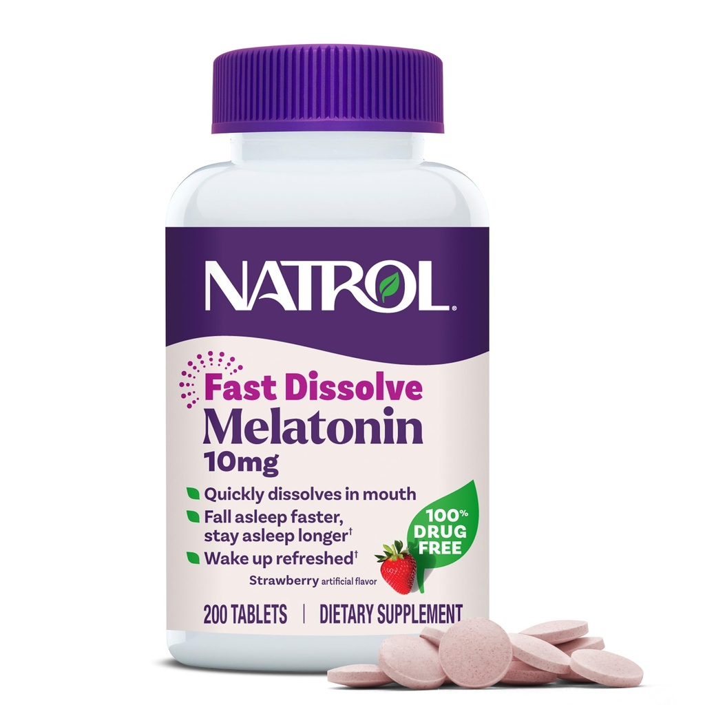 Natrol Melatonin 10 מ"ג טבליות מלוטש מהיר - סטרוברי פלמור, 200 הרוזן, תמיכה בשינה, במהירות dissolve מלטונין למבוגרים, 200 ימים אספקה