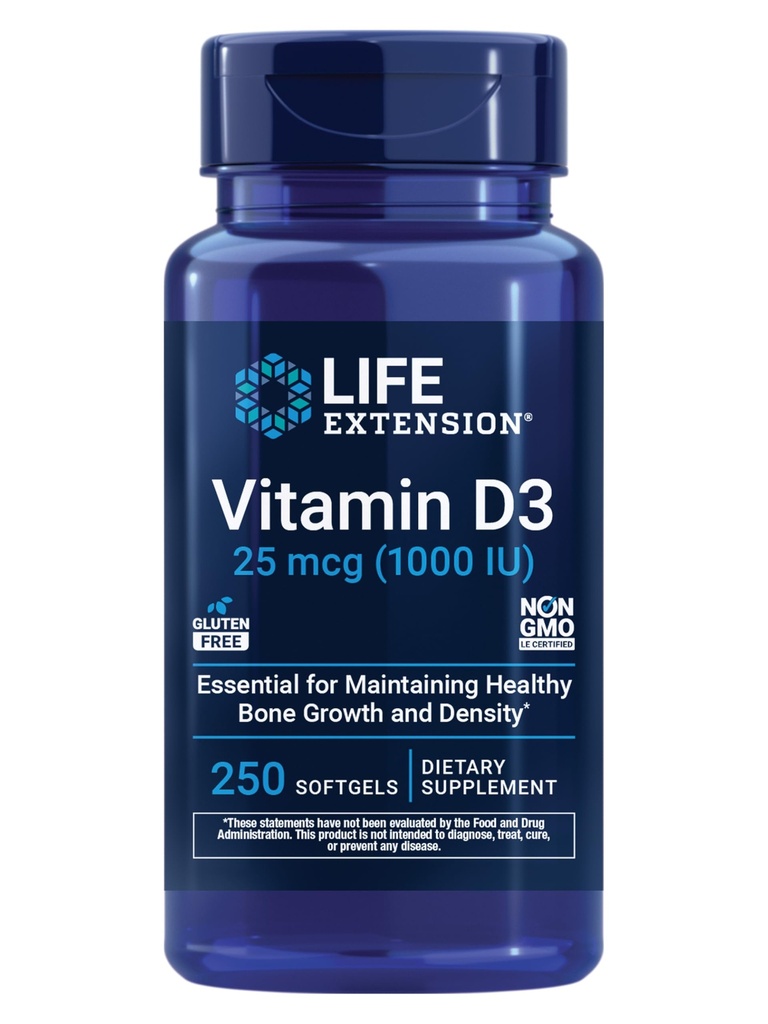 ויטמין D3 25 mcg (1000 IU), Immune System Support, Bone Health, Whole-Body Health, Size Value, Gluten-Free, non-GMO, 250 Softgels