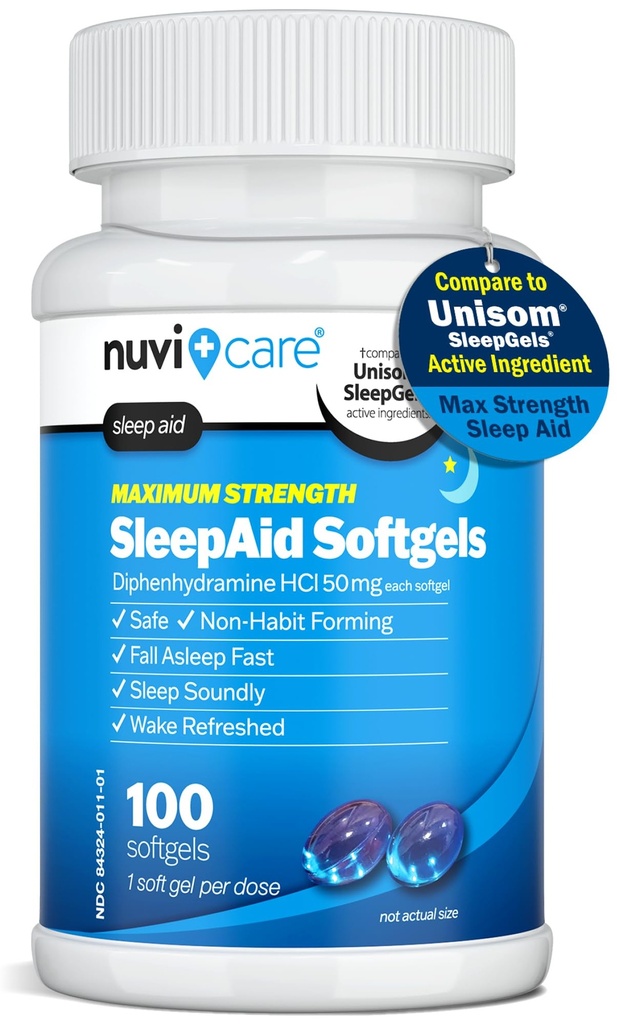 חוזק מקסימלי SleepAid Soft Gels - Nighttime Sleep Aid with Diphenhydramine HCl 50 מ"ג - non Habit Forming Pills for Adults - Extra Strong OTC Sleep Aids for Adults Adults