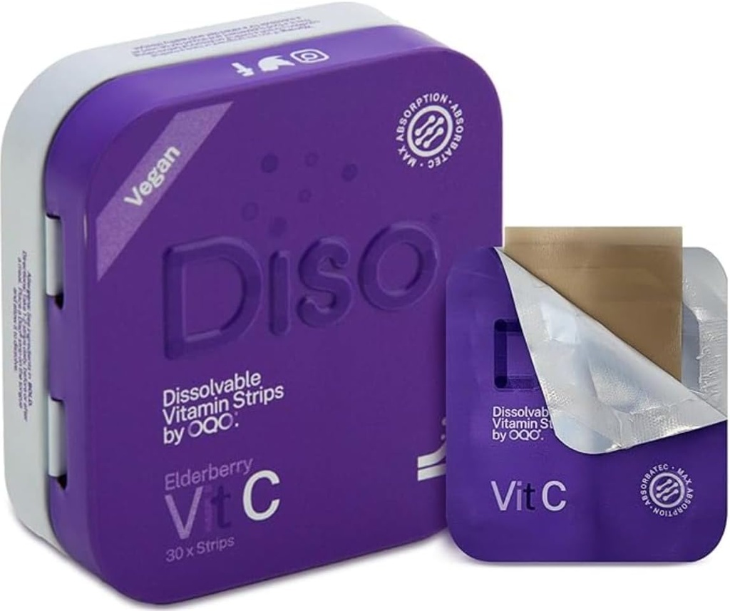 DISO - ויטמין C - Fast-Disshoot Oral Strips, Elderberry Flavor, Boosts Immunity, טבעוני, Zero Sugar, מקסימום Absorption, Gluten Free, Individually Wrapped, 30  Strips unsolvable