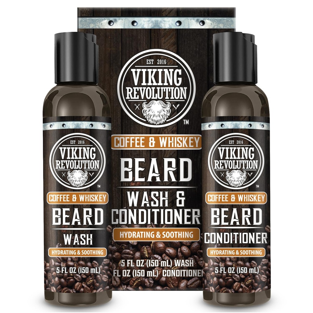 המהפכה הוויקינגית Beard Wash and Beard Conditioner for Men with Argan Oil ו- Jo Joba Oil- Beard Softener ו-Powerener Beard Care Beard Shampoo ו- Conditioner with גיינסנג Rootoz, Coffee הוויסקי)