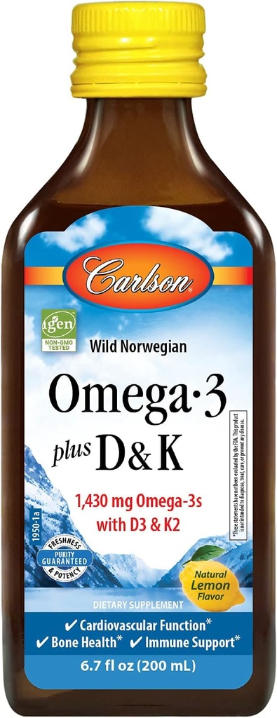 קרלסון - אומגה 3 + D & K, 1430 מ"ג אומגה 3s, 2000 IU (50 mcg) D3, 90 mcg K2 כמו MK-7, בריאות הלב, תמיכה העצם, לימון, 200 מ"ל