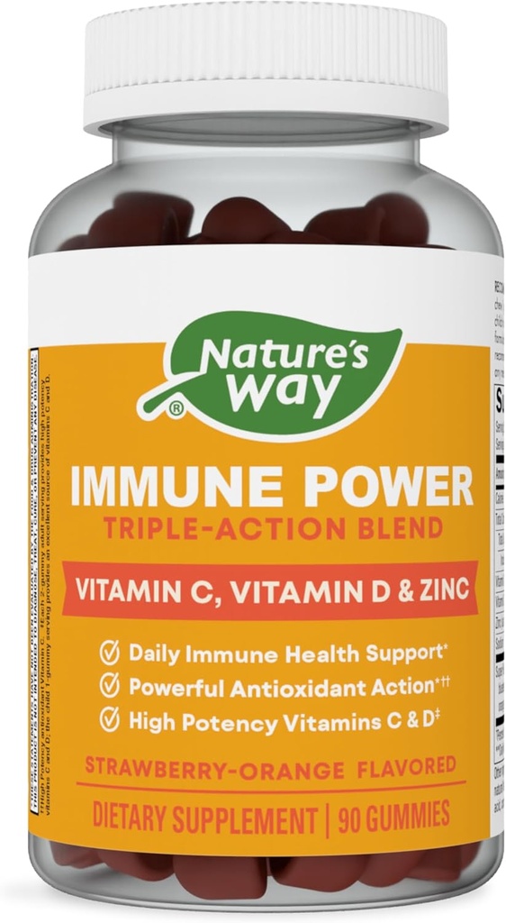 Nature's Way Immune Power, Triple Action Immune Support Band*, ויטמינים C ו- D, Zinc, Strawberry-Orange Flavored, 90 חניכיים