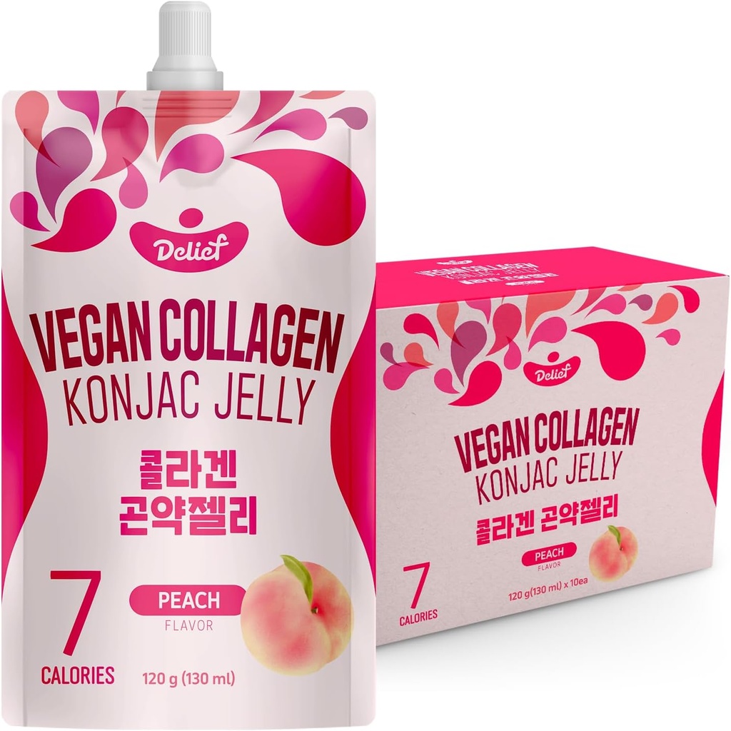 טבעוני קולג'ן קונג'אק ג'לי (Peach Flavor) 120g x 10 Packs - Low-Calorie Fruit Gel חטיף, Gluten-Free, Plant- Based, 7 kcal per Pouch