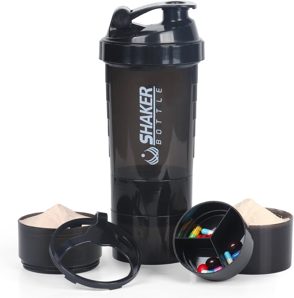 VECH Shaker Bottles forחלבון Mixes Workout Shaker Leak Proof Waterבק non Slip 3 Layer Twist Off 3 OZ עם Pill Tray עבור אחסון אבקת חלבון שקד 16 OZ Shake Cup
