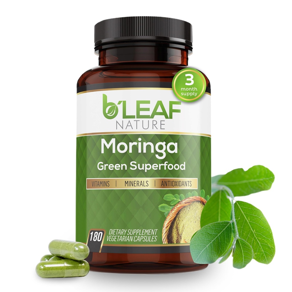 B'LEAF NATURE Organic Moringa קפסולות 1000 מ"ג, 180 הרוזן - מרינגה קפסולות עם אבקת Olefeira אורגנית לתמיכה בחיסון, אנרגיה ומאזן - טבעונית, non-GMO עבור תוספי בריאות יומית