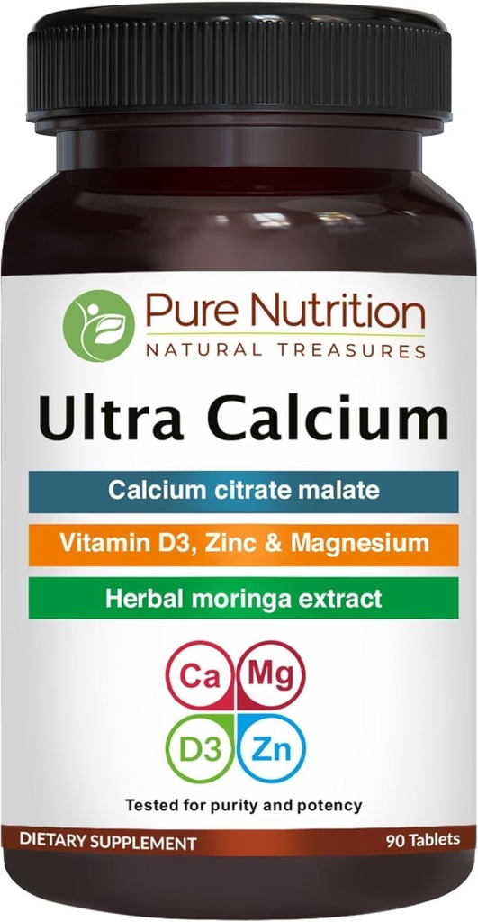 תזונה טהורה Ultra Calcium 1000 מ"ג עם VIT D3 + K2 | 90 Tab | תוסף Calcium עם Calcium Citrate Malate, VIT D3, K2, Moringa Oleifera, Magnesium ו- Zinc.