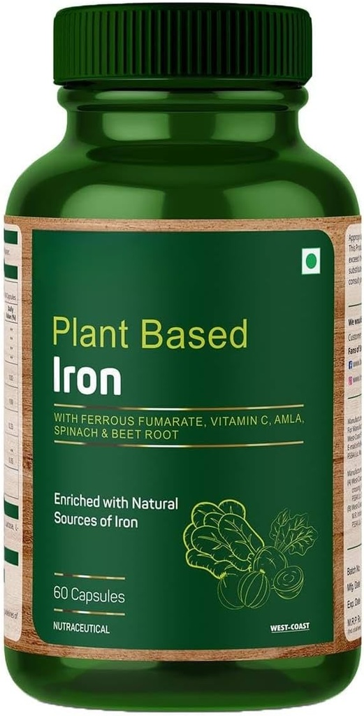 ברזל מבוסס צמחי עם Ferrous Fumarate, ויטמין C, Spinach & Beet Root נעשר עם מקורות טבעיים של ברזל - 60 קפסולות