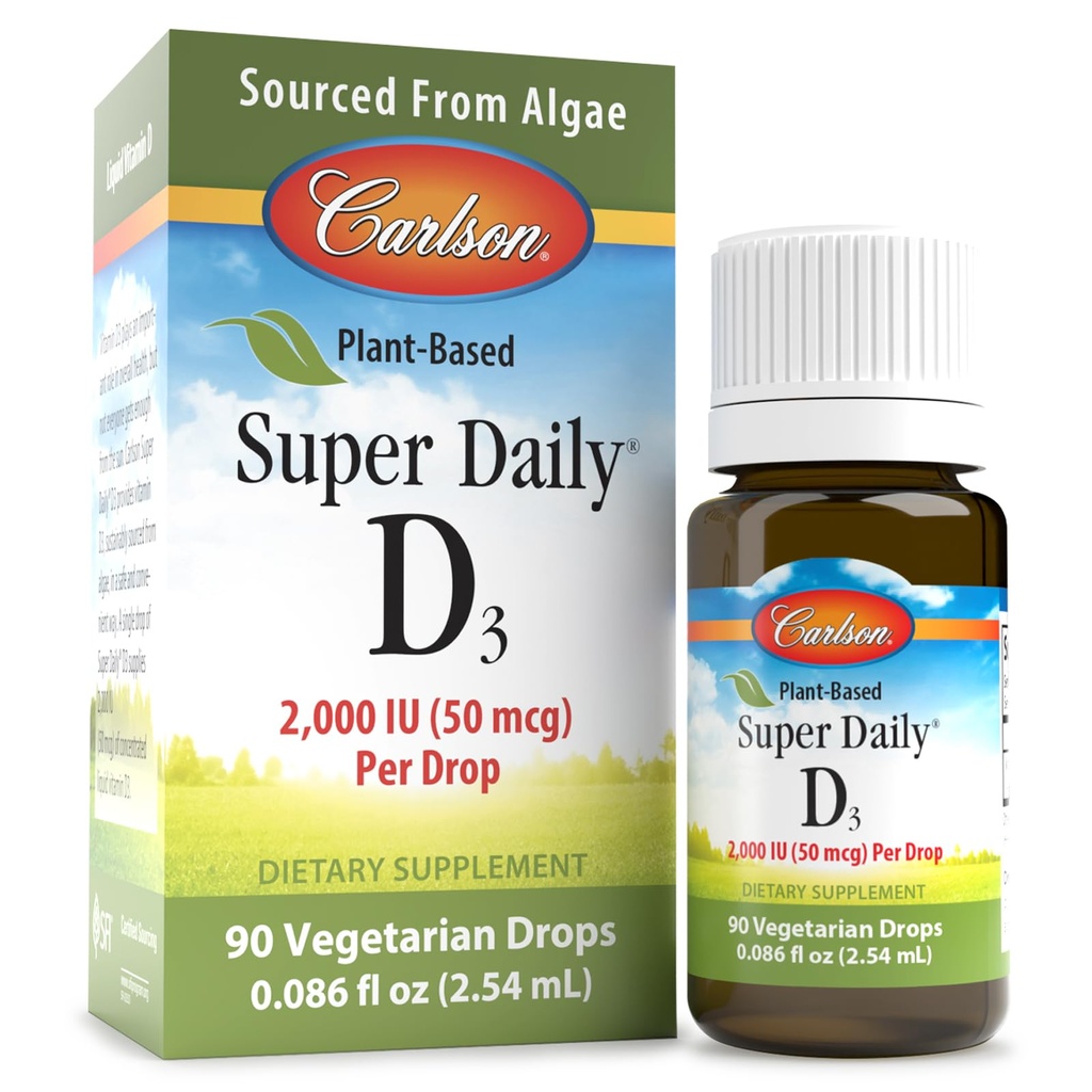 קרלסון - Super Daily D3 2000 IU (50 mcg) ל Drop, ויטמין Vgetarian D Drops, ויטמין D3 נוזלי, שמקורו Algae, Unflavored, 90 טיפות (2.54 mL)