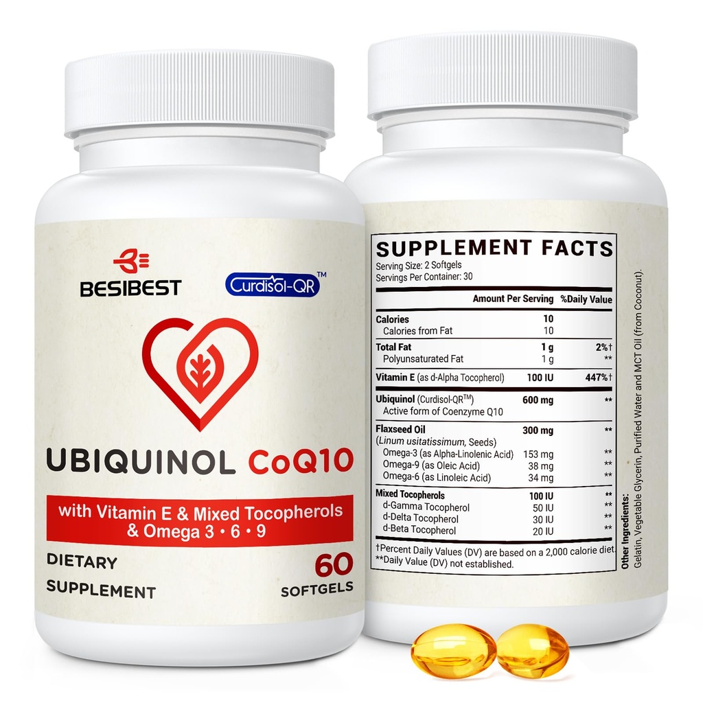 Besibest Ubiquinol CoQ10-600 מ"ג-Softgel, Active Coq10 Ubiquinol תוספת עם ויטמין E & אומגה 3, 6, 9, גבוה Absorption-Coenzyme-Q10, אנטיחמצן כוחני לייצור אנרגיה, נבדק, 60 Counted, 60