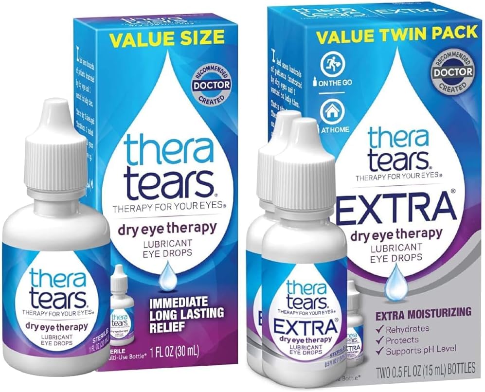 TheraTears יבש העין טיפות לעיניים יבשות, 1.0 Fl Oz & תוספת טיפול עיניים יבש Lubricating טיפות עיניים עבור עיניים יבש, 0.5 fl oz בקבוק, 2 Count(Pack של 1)