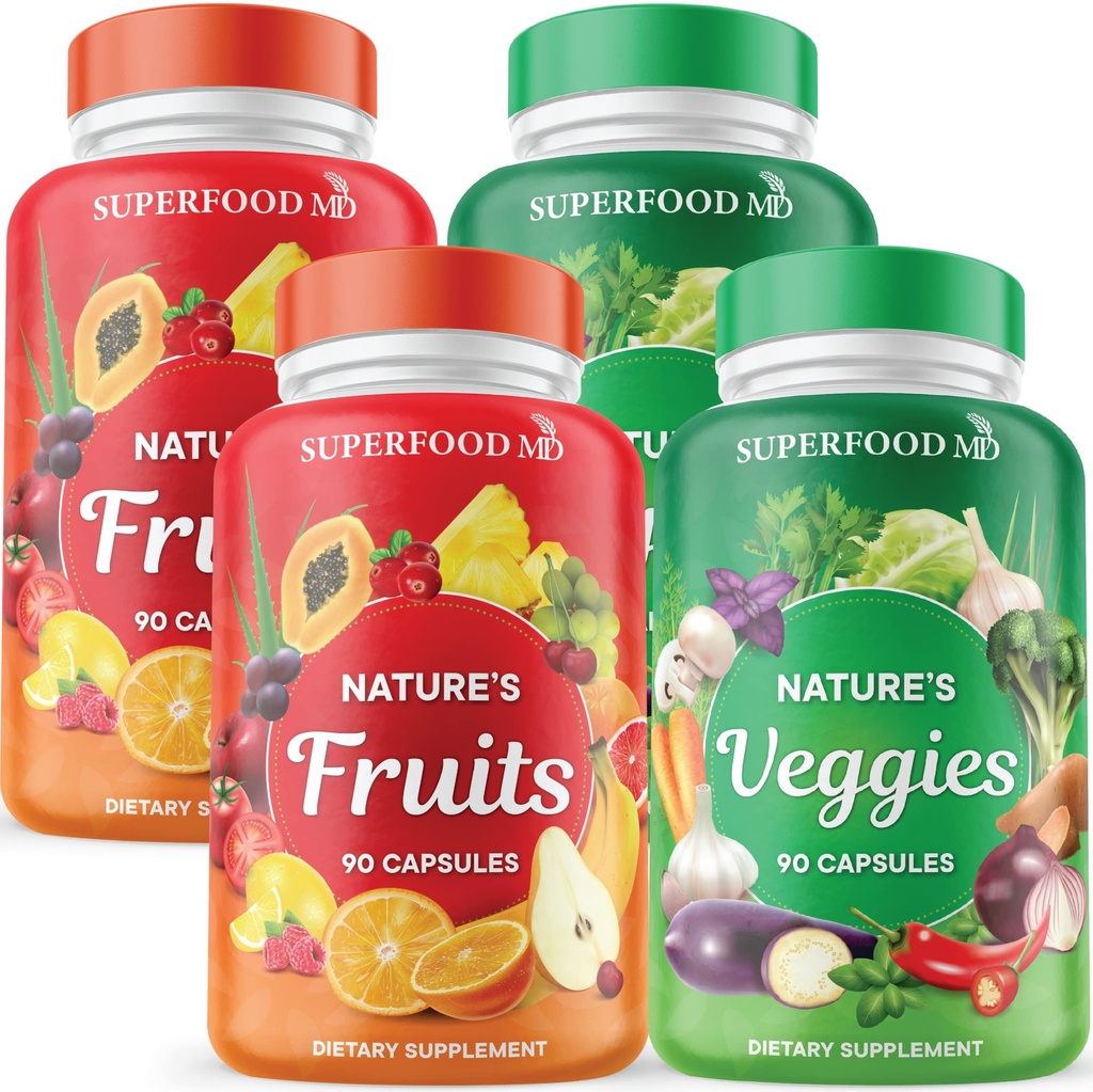 Superfood 180 פירות ו-180 קפסולות Veggie - Whole Food Natural Superfoods - לשמור על רמות האנרגיה, עם Aloe Vera - Soy Free (90 Count)
