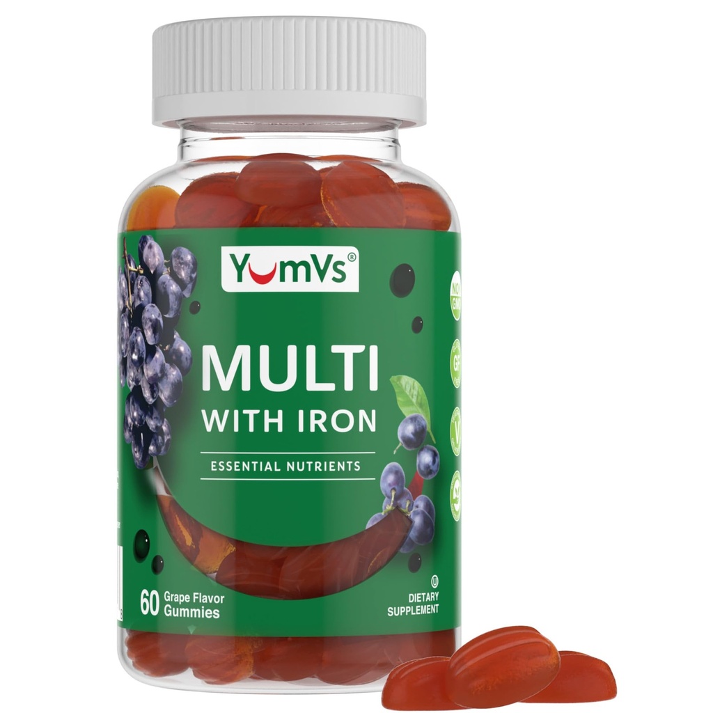 YUM-V'S Iron Gummies - Multivitamin Iron תוסף עם ויטמין C, A, B & Zinc, תומך בחמצן הדם, תוספי זהב לנשים, גברים & ילדים לצמיחה ופיתוח - Grape Flavor | 60 Count
