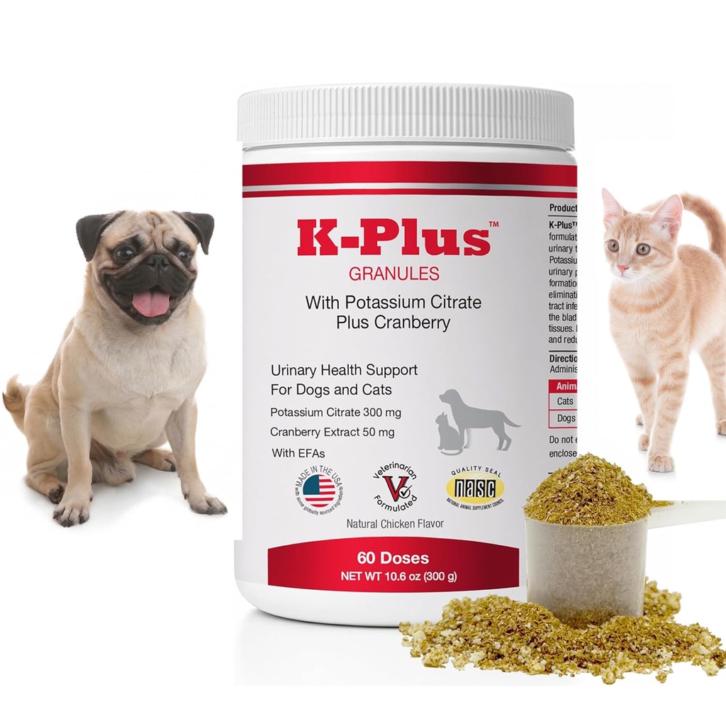 K-Plus Potassium Citrate + Cranberry Granules for Dogs & Cats - Vet-Approved UTI & Bladder Health Support - מסייע לשמור על Urinary Balance & Kidney Function - Easy-to-Use Granules - 60 דוסס