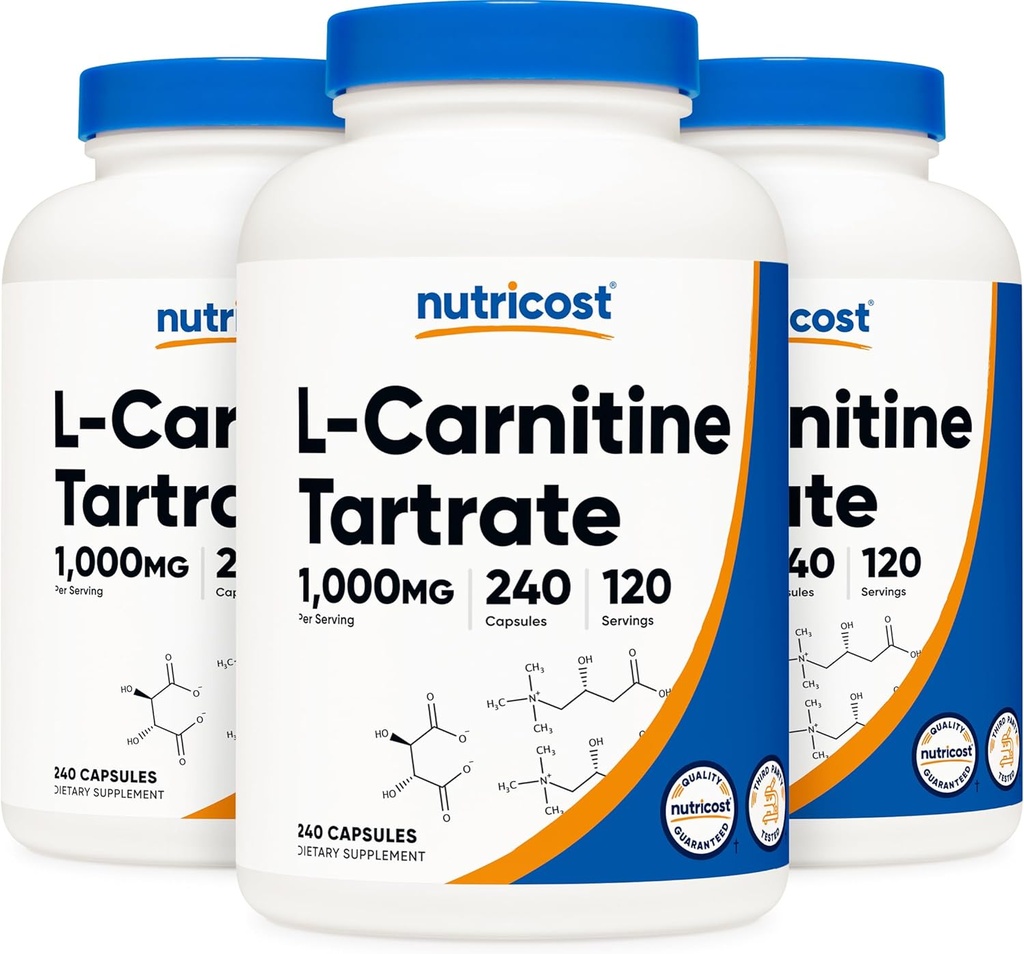 חומרים מזינים L-Carnitine Tartrate 500 מ"ג, 240 קפסולות - 1000 מ"ג פרי שירות (3 בקבוקים)