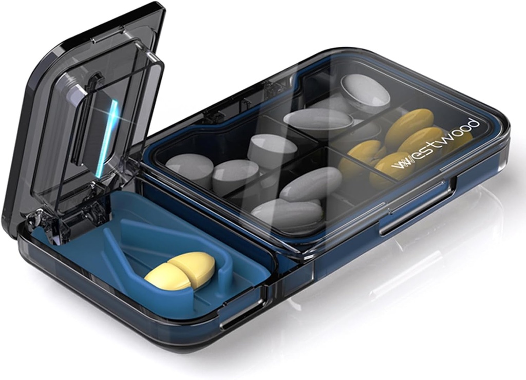 חברת Travel Pill Productionser with Pill Cutter Splitter, 4 השוואתיות של Pill Case, Small Pill Box for Pocket Purse, Daily Pill Container to Hold Vietnams Cod Liver Oil Supplements, Medicine Planner (Black)