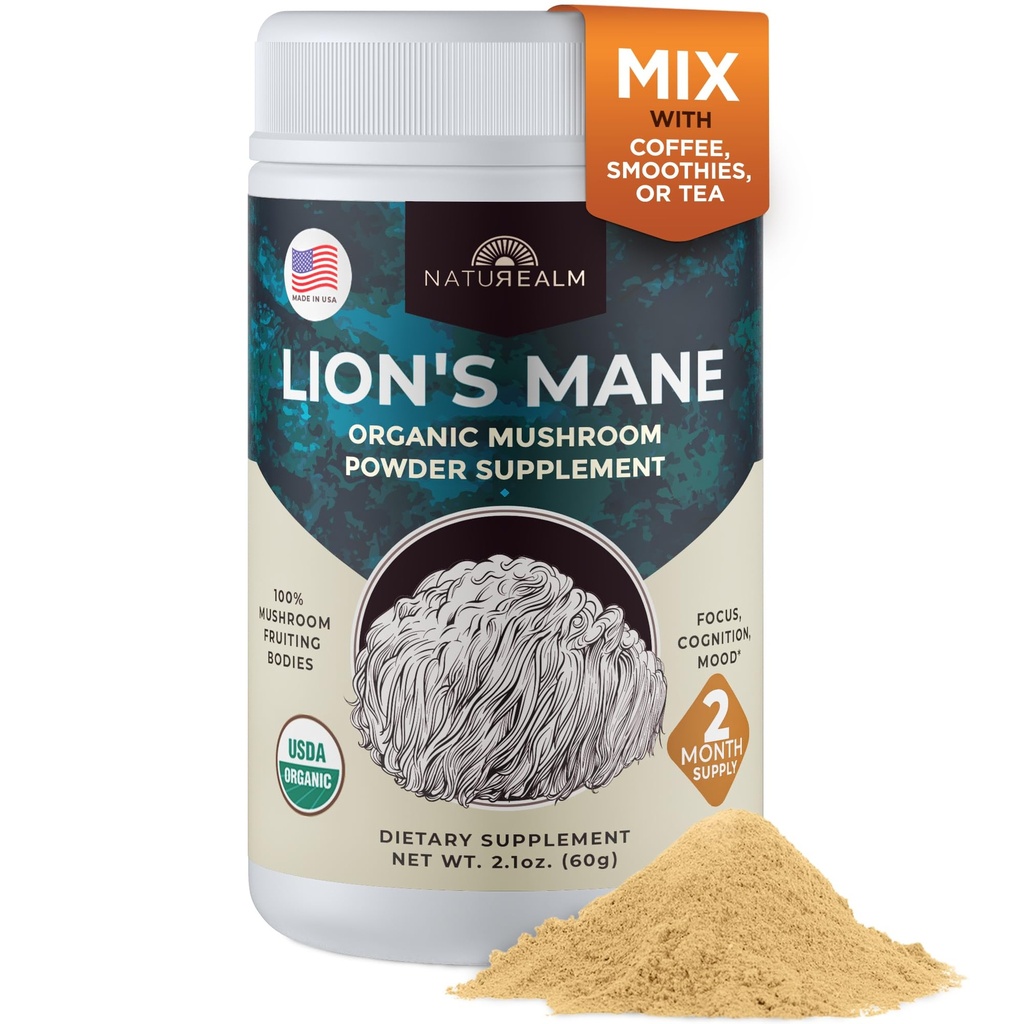 אבקת Mane Mushroom של Naturealm Lion - תמיכה מוחית אורגנית לקלילות נפשית ממוקדת זיכרון - תפקוד קוגניטיבי לא GMO - 60 משרתות