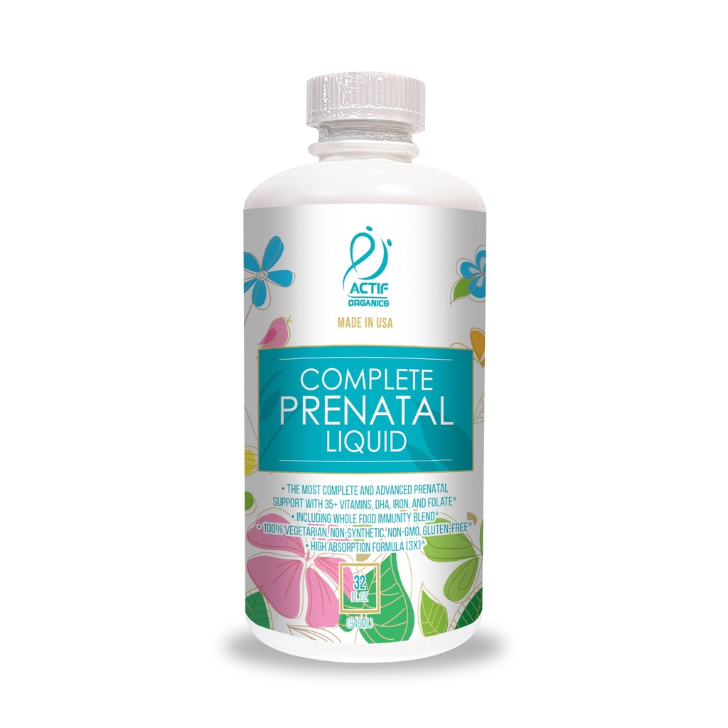 ACTIF אורגני שלם Prenatal נוזל עם 35+ ויטמינים וצמחים אורגניים, עם DHA וצ'וליין, non-GMO, המיוצר בארה"ב, 32oz